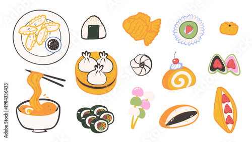 Big set of japanese and korean food and desserts. Vector doodle illustration of ramen, sushi, gyoza, dim sum, mochi, taiyaki and more asian street food isolated on white background.