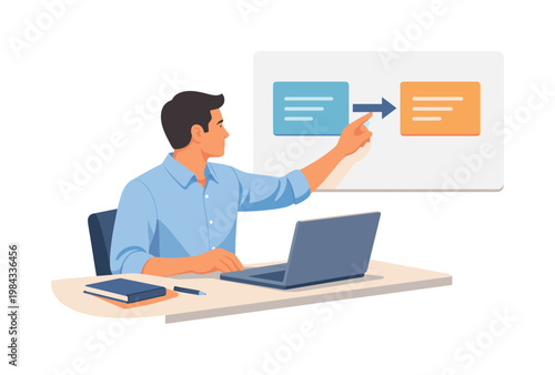 A professional improving task handoff clarity during a focused workflow moment, sitting at a desk with a laptop while organizing a simple transfer arrow between two