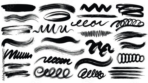 Extensive collection of bold black brush strokes, wavy lines, and scribbles in various shapes and textures, ideal for artistic and grunge design elements.