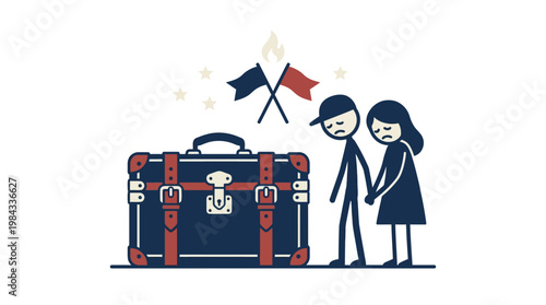 Sad Couple and Vintage Suitcase with Crossed Flags