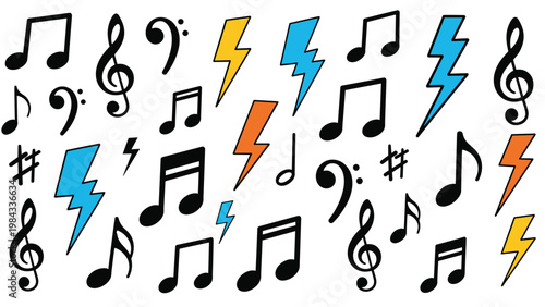 Lively pattern composed of musical notes including clefs and various notes, interspersed with colorful lightning bolts, perfect for music-themed designs.
