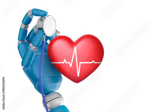 Robotic hand holding stethoscope to red heart for ai healthcare concept