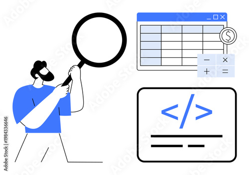 Data analysis, programming, coding education, financial calculations, software development, problem-solving. Man holding magnifying glass, spreadsheet with dollar sign programming code bracket. Data