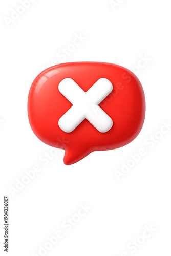 Red speech bubble icon with white X symbol, isolated on black background for error message, rejection, and negative feedback communication concepts
