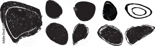 Distorted irregular shapes collection . Oval shapes design . Textured blobs . Trendy grainy shapes set . Graph print texture .Stamp effect .Grunge texture . Distressed element .vector 