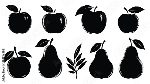 Artistic collection of hand-drawn black fruit silhouettes, including apples, pears, and a delicate leaf, featuring a grunge textured style for rustic designs.