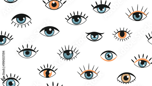 Engaging seamless pattern showcasing diverse stylized human eyes with varying lash styles and pupil colors, perfect for unique fashion or beauty concepts.