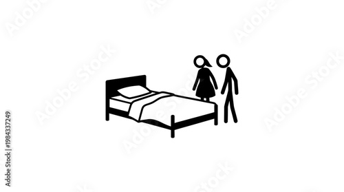 Minimalist Stick Figure Couple Beside a Bed
