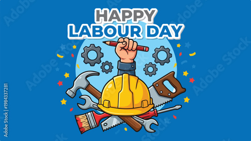 Happy Labour Day celebration construction helmet with tools hammer wrench saw screwdriver paintbrush worker tribute vector illustration design