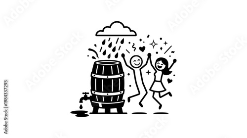 Joyful Celebration With Rain Cloud and Wine Barrel