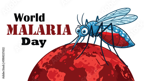 World Malaria Day awareness mosquito perched on red globe global health prevention tribute vector illustration design