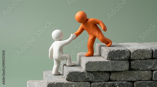 Two figurines helping each other climb concrete stairs representing teamwork and support in personal or professional growth