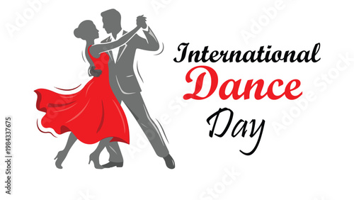 International Dance Day celebration ballroom dancers red dress gray suit artistic tribute vector illustration design