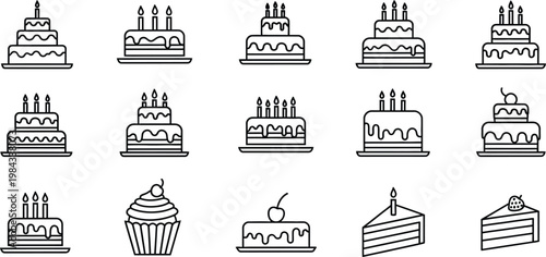 Assorted black and white illustrations of cakes and cupcakes with food and drink, cake slice