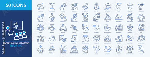 Professional Strategy Training - Icon Collection. Thin Blue Set contains such Icons as improvement, mission, action and more. Simple web icons set