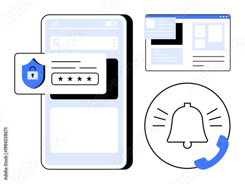 Cybersecurity, data protection, authentication, online safety, alerts, digital privacy. Illustration of security shield, password input mobile screen and notification icons. Cybersecurity and data