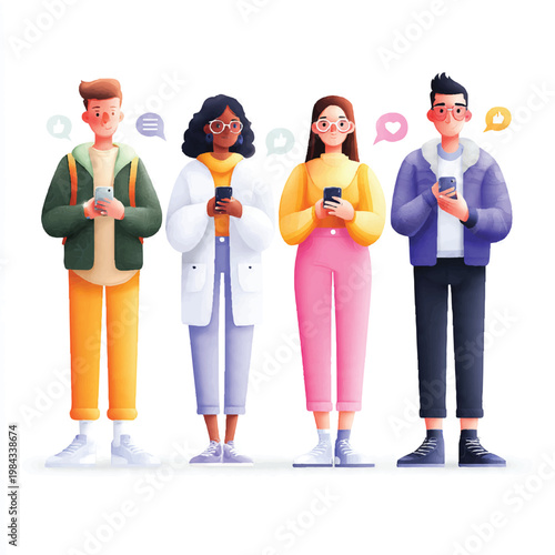 Diverse Friends Using Smartphones with Social Media Notifications and Icons