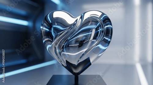 A chrome heart icon with mirror-like metallic finish, clean sculpted curves and bold reflective highlights in a sleek futuristic mood, ultra-realistic, no logos.