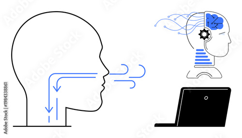 Voice recognition, AI integration, language processing, human-computer interaction, technological innovation, digital communication. Diagram of a head exhaling and AI-connected brain. Voice