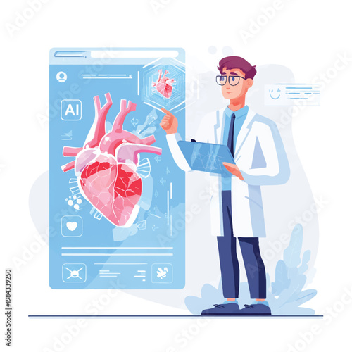 Doctor analyzing human heart with artificial intelligence technology medical illustration