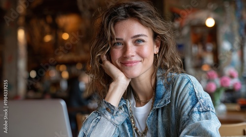 Young woman portrait in cafe with laptop working remotely and looking at camera