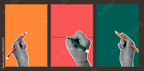 Postage stamps with halftone hands holding colorful pencils