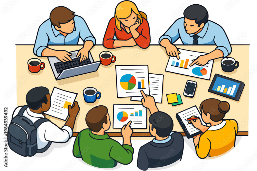 Fototapeta premium Overhead Conference Table Teamwork Concept Illustration