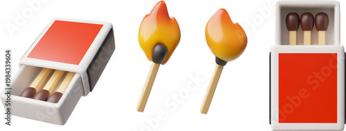 3D set of open red matchboxes, viewed from different sides, and burning matches with flames.