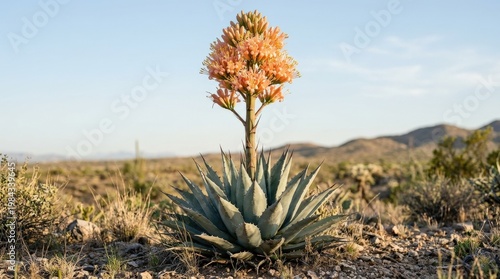Agave plant with a peach-colored flower blossom against a simple background, sculptural botanical form and desert elegance, ultra-realistic, no logos.