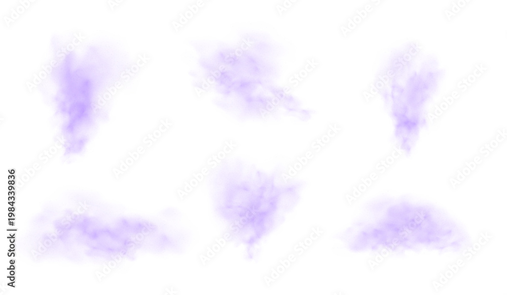 Fototapeta premium Abstract set of purple dust or smoke clouds in various shapes.