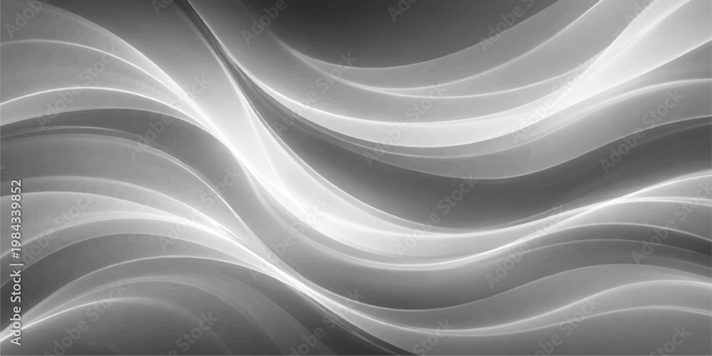 Fototapeta premium Abstract black and white background with a smooth silk texture featuring soft flowing waves and a blue light motion curve design on a liquid satin fabric backdrop
