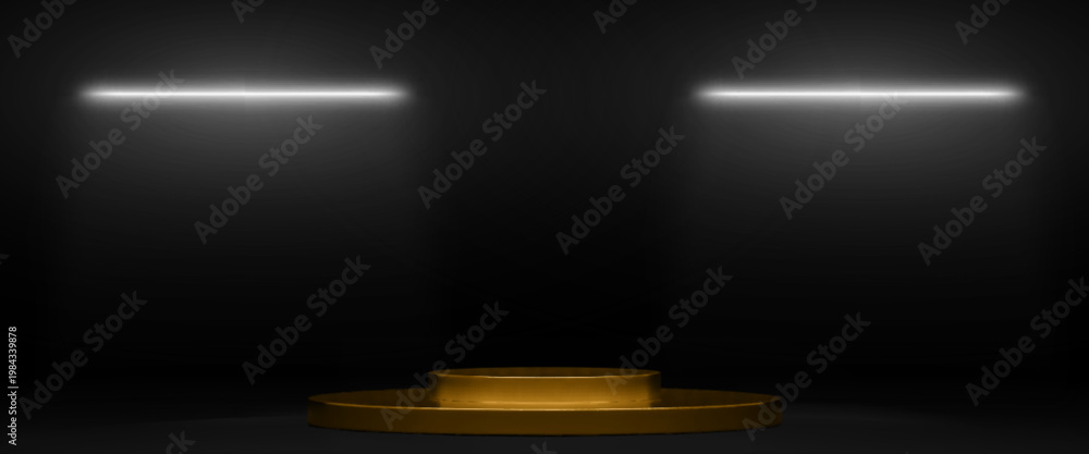Obraz premium Luxury golden pedestal with LED light illumination on black background. Vector realistic illustration of shiny VIP podium and spotlights on wall, platform for elite cosmetic product presentation