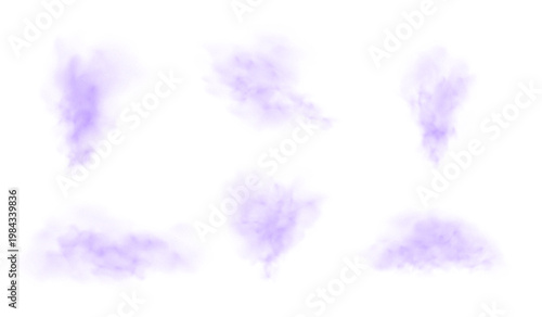 Abstract set of purple dust or smoke clouds in various shapes.