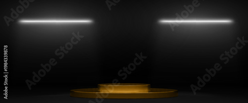 Luxury golden pedestal with LED light illumination on black background. Vector realistic illustration of shiny VIP podium and spotlights on wall, platform for elite cosmetic product presentation