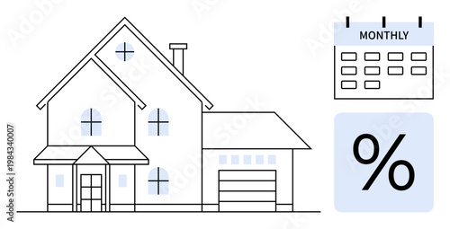 Mortgage loans, real estate financing, monthly payments, home ownership, interest rates, housing market. House with calendar and percentage icon. Mortgage loans and real estate financing concept