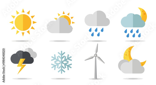 Various weather icons for sunny, cloudy, rainy, and stormy conditions motion graphics