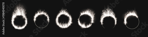 Obraz na płótnie Abstract set of round frames with burning white flames, sparks, and smoke