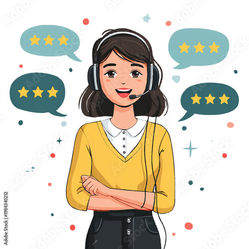 Happy Female Customer Service Representative Wearing Headset With Rating Bubbles