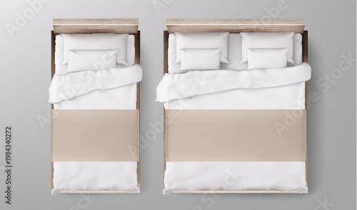 Realistic 3D bed mockup, top view with white blanket, soft pillows, and duvet cover, single and double mattress, and wooden frame, vector furniture icons isolated on gray for bedroom interior