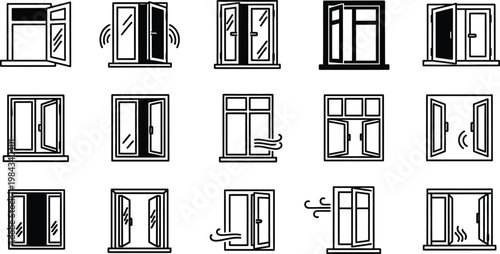 Collection of window icons showing different openings and types, some affected by wind, double hung