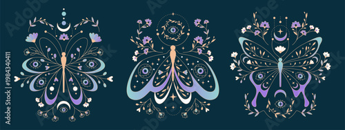 Celestial moth with moon phases and stars in boho style, vector illustration isolated on black. Mystical butterfly tattoo with eyes on wings, flowers, and esoteric symbols for witchy tarot card design
