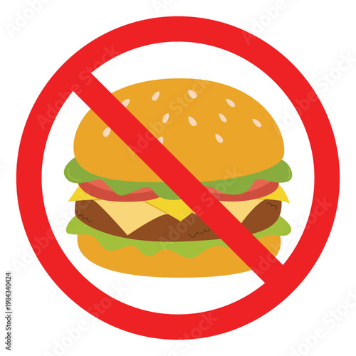 A red sign prohibiting fast food. A crossed-out circle with a hamburger inside. Flat vector illustration isolated on a white background