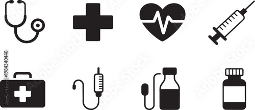 Monochromatic medical icons including a stethoscope, cross, heart rate, syringe, first aid case, and infusion bottle signify health and medical assistance.