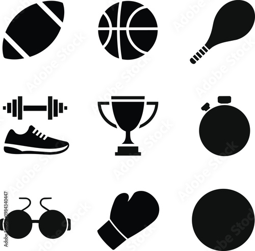 Minimalist sports icon set with black silhouettes, collection of 9 athletic equipment symbols, fitness and competition vector graphics for web design