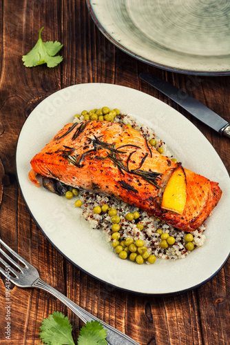 Healthy Baked Salmon with Quinoa and Peas, Clean Eating Concept