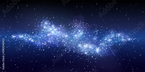 Starry night sky background with glowing stars, cosmic dust, and blue nebula clouds, abstract vector illustration. Magical space atmosphere, realistic sparkle effect and falling or flying meteor