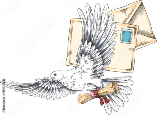 White dove with scroll flying sketch, envelopes letter with postage stamp and pigeon vector hand drawn illustration