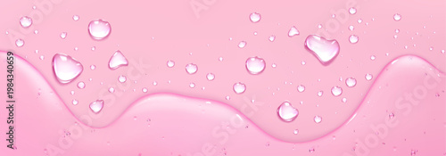 Pink gel droplets, liquid oil border and water bubbles, vector fresh cosmetic background with realistic texture. Flowing acid serum or jelly collagen splash, skincare and beauty product design