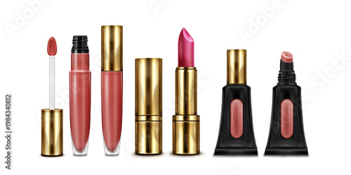 Lip gloss tube, bottle and stick set isolated on white background. Vector realistic illustration of black cosmetic container mockup with golden cap, skin care cosmetic product packaging, beauty brand