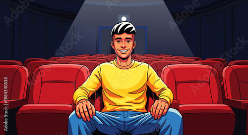 A smiling young man sits in a red cinema seat watching a movie, ready for entertainment